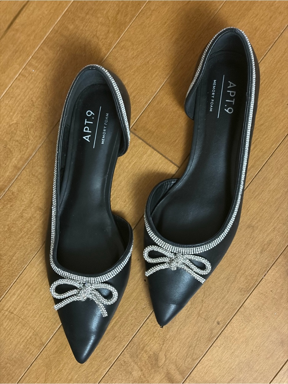 Apt. 9 Black Pointed Toe Flats with Silver Bow and Rhinestone Trim
